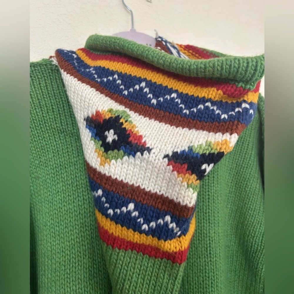 1990s Chunky Green Wool Hand Knit Cardigan Zip Up Large Pointed Hood Equador - Picture 9 of 15